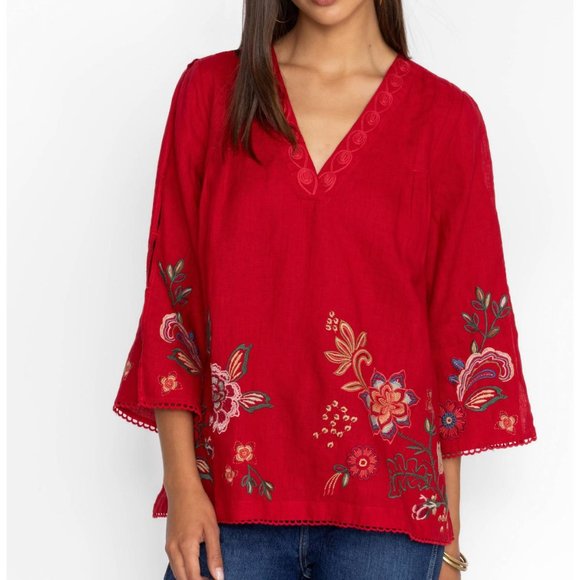 Women Johnny Was Messine V-Neck Top With Side Slits Equestrian Red - Picture 1 of 6